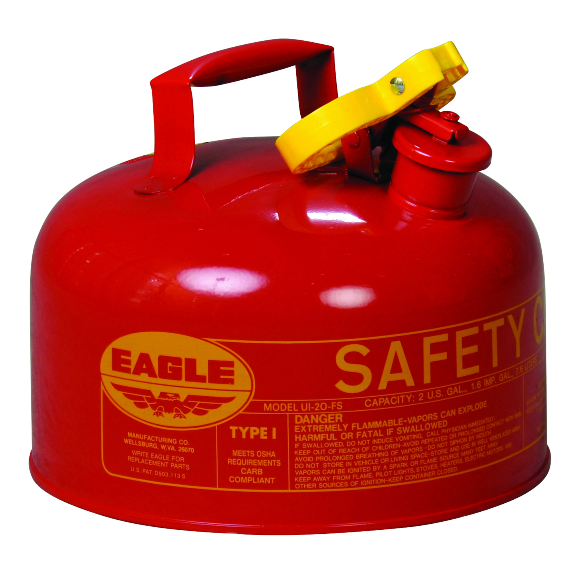 Eagle Steel Safety Can for Flammables — 2 Gallon, Type I, Flame Arrester, Red, Model# UI20S